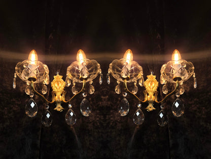 Fabulous Pair Vintage French 2 Arm Brass Leaf Crystal Wall Lights Sconces