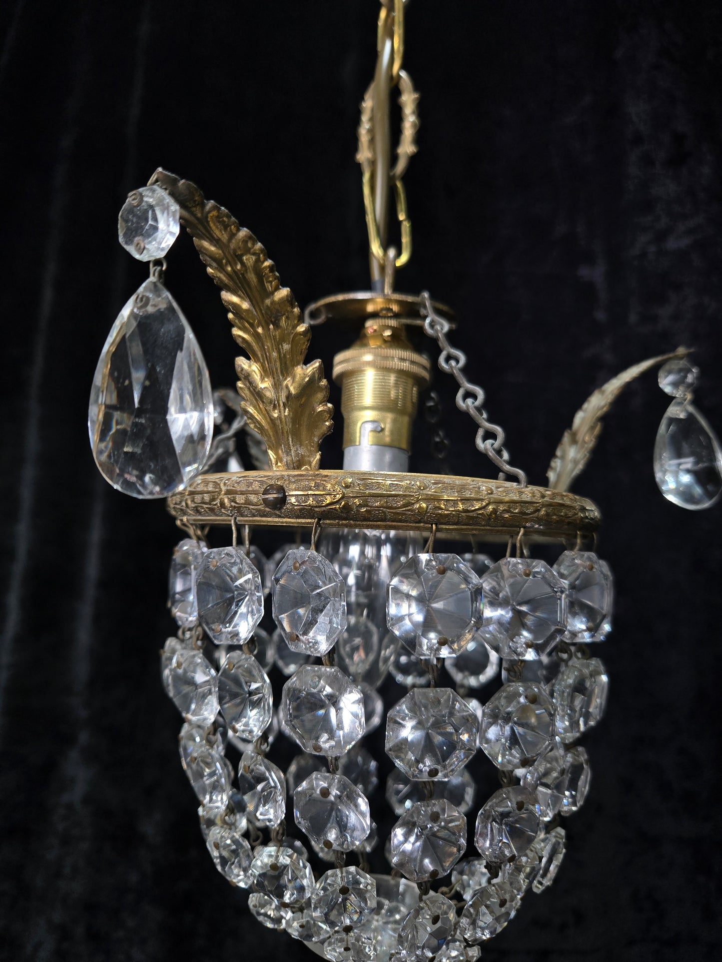 Petite Vintage French Crystal Half Bag Brass 1 Light Leaf Chandelier Light
