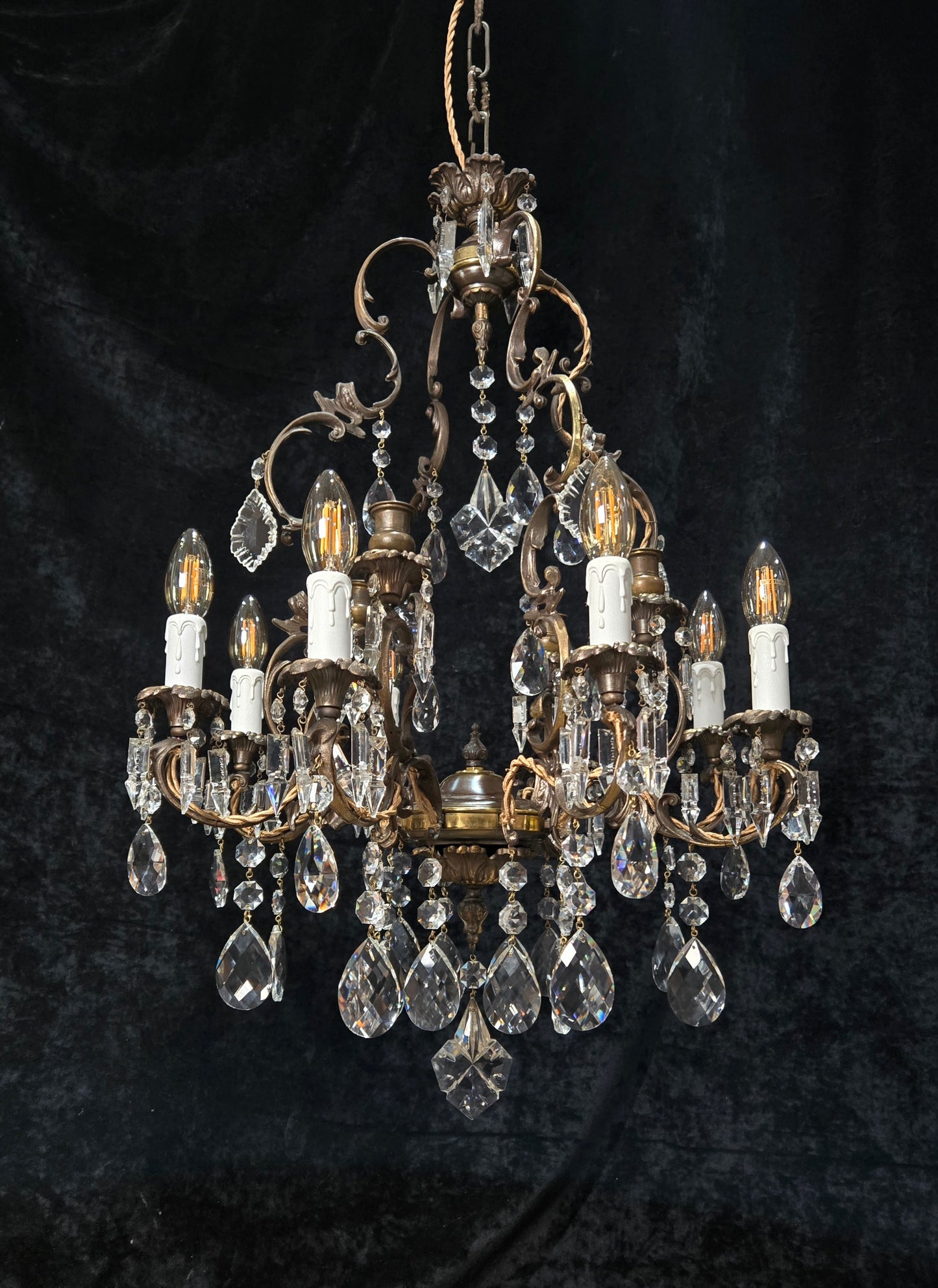 Fabulous Antique Italian 8 Arm 4 Candle Cage Brass Crystal Chandelier Light