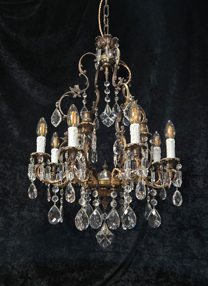 Fabulous Antique Italian 8 Arm 4 Candle Cage Brass Crystal Chandelier Light