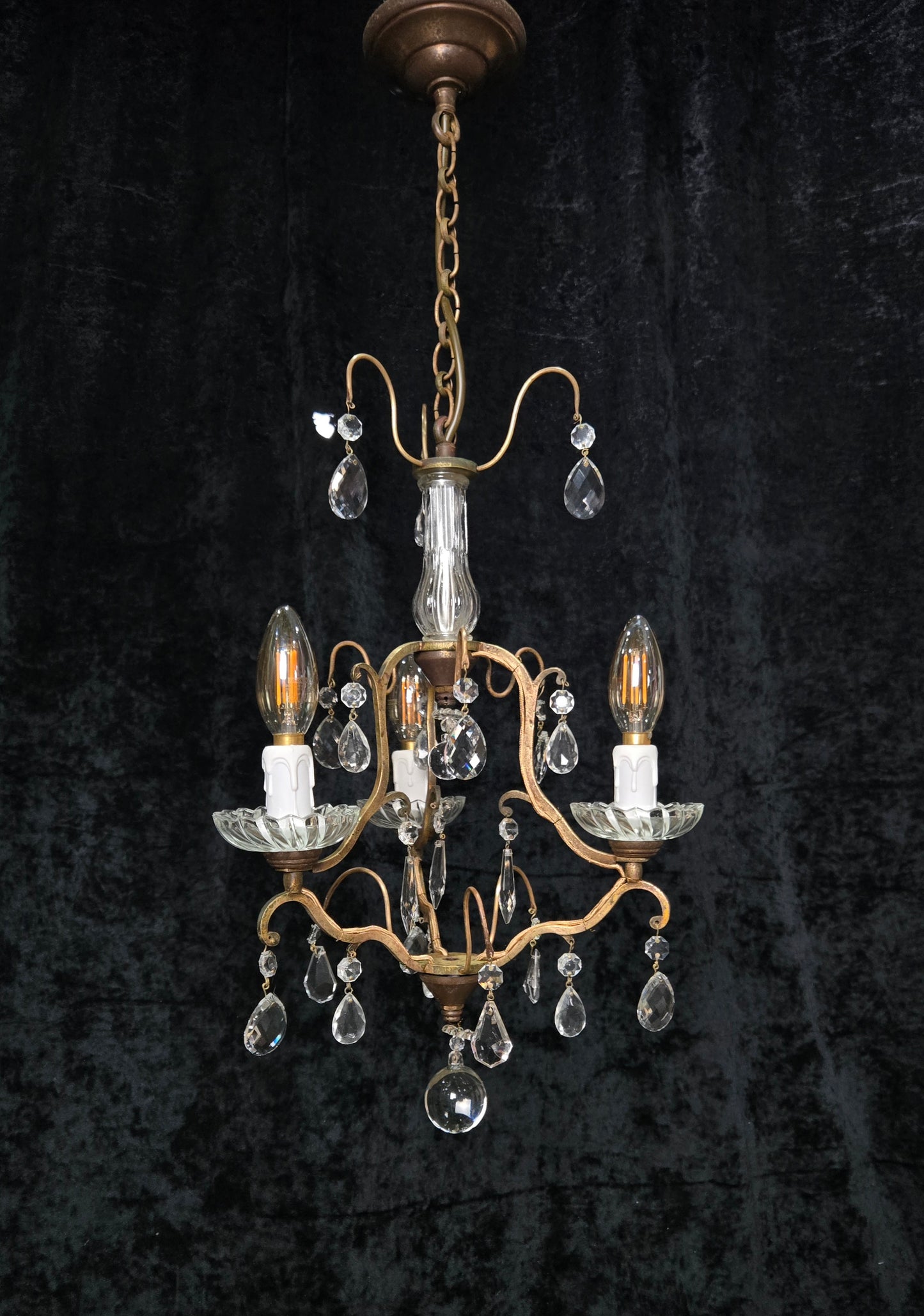 Lovely Petite Antique French 3 Arm Cage Brass Crystal Chandelier Ceiling Light