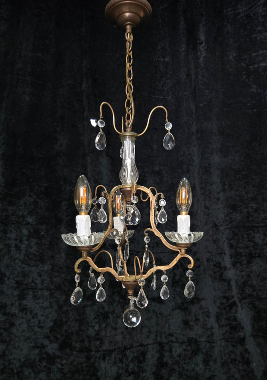 Lovely Petite Antique French 3 Arm Cage Brass Crystal Chandelier Ceiling Light