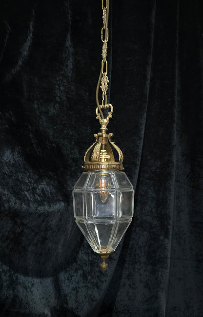 Traditional Vintage French Brass Geometric Clear Glass 1 Light Lantern