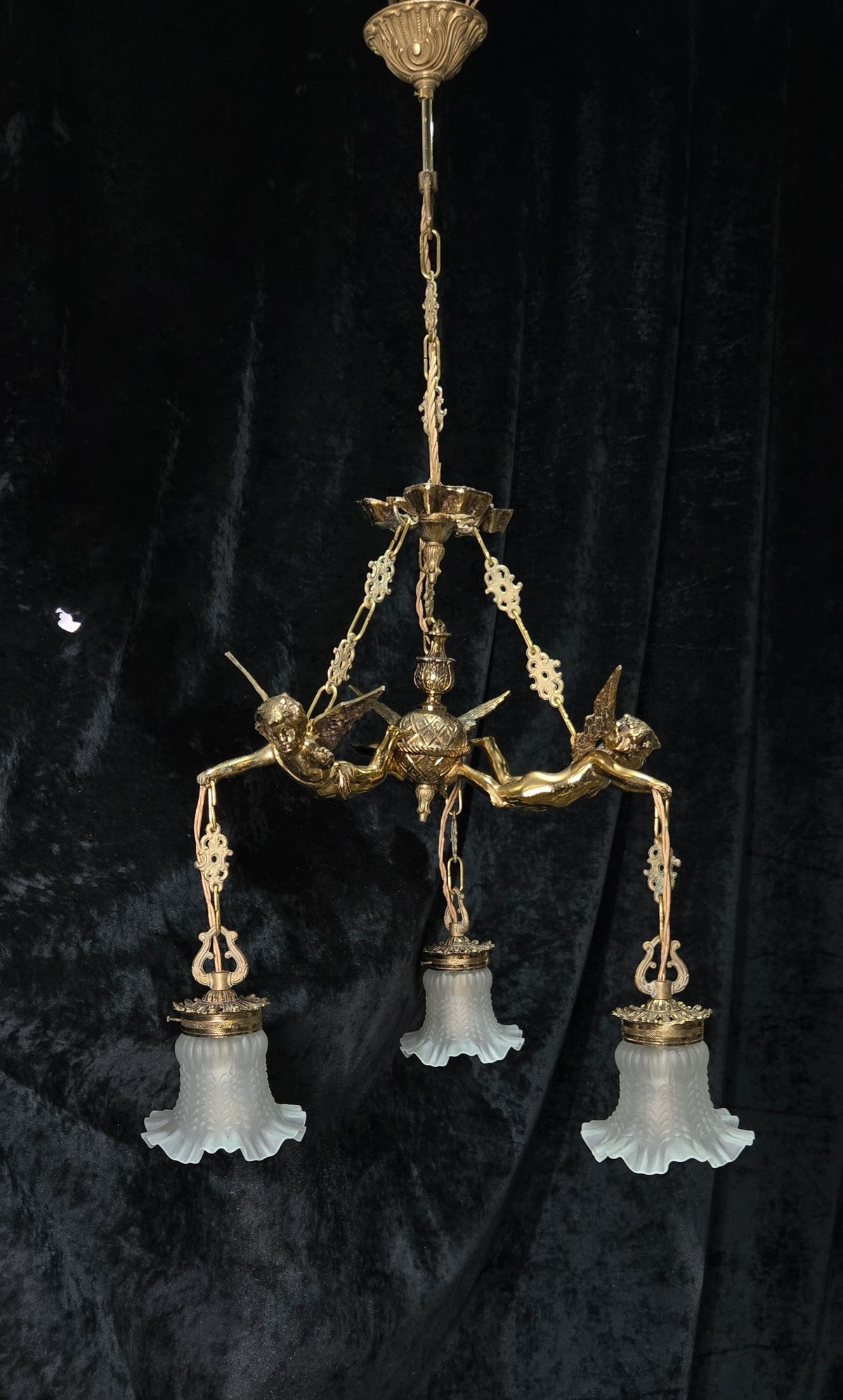 Fabulous Vintage French 3 Light Cherub Brass and Spelter Chandelier with Shades