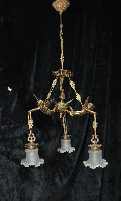 Fabulous Vintage French 3 Light Cherub Brass and Spelter Chandelier with Shades