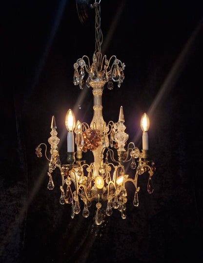 Exceptional Antique French 6 Light Murano Grape Crystal Solid Brass Chandelier