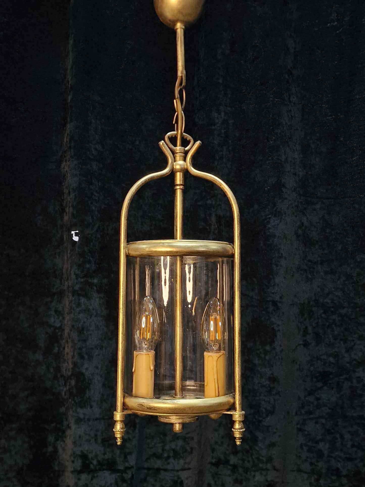 Classical Vintage French Cylinder Glass Gilded 2 Light Lantern Hallway Light