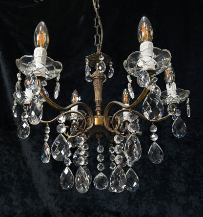 Traditional Vintage French 6 Arm Brass Crystal Glass Chandelier Ceiling Light