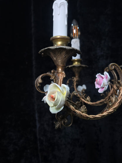 Fabulous Vintage Italian 6 Arm Brass Florentine Flower Roses Chandelier Light