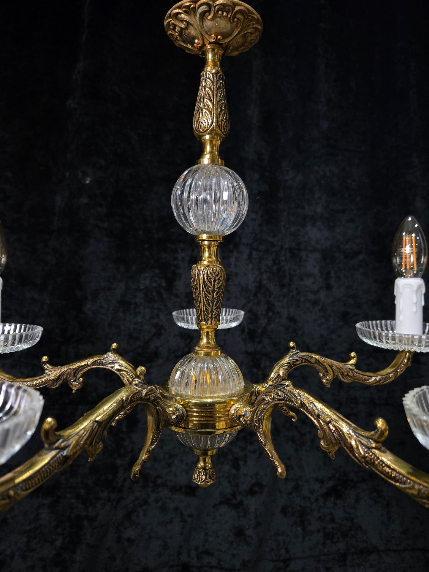 Classical Vintage 5 Arm Brass and Glass Chandelier Ceiling Light