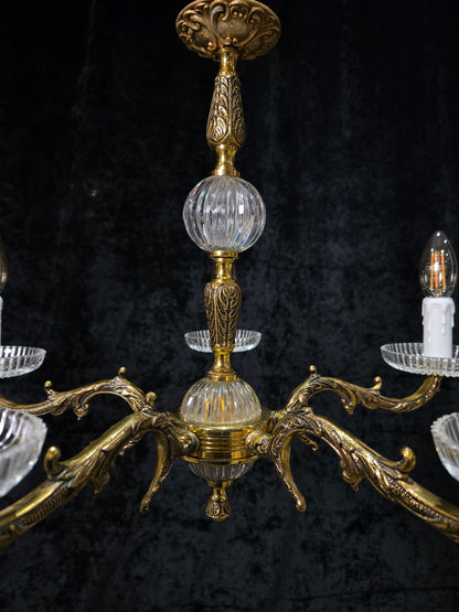 Classical Vintage 5 Arm Brass and Glass Chandelier Ceiling Light