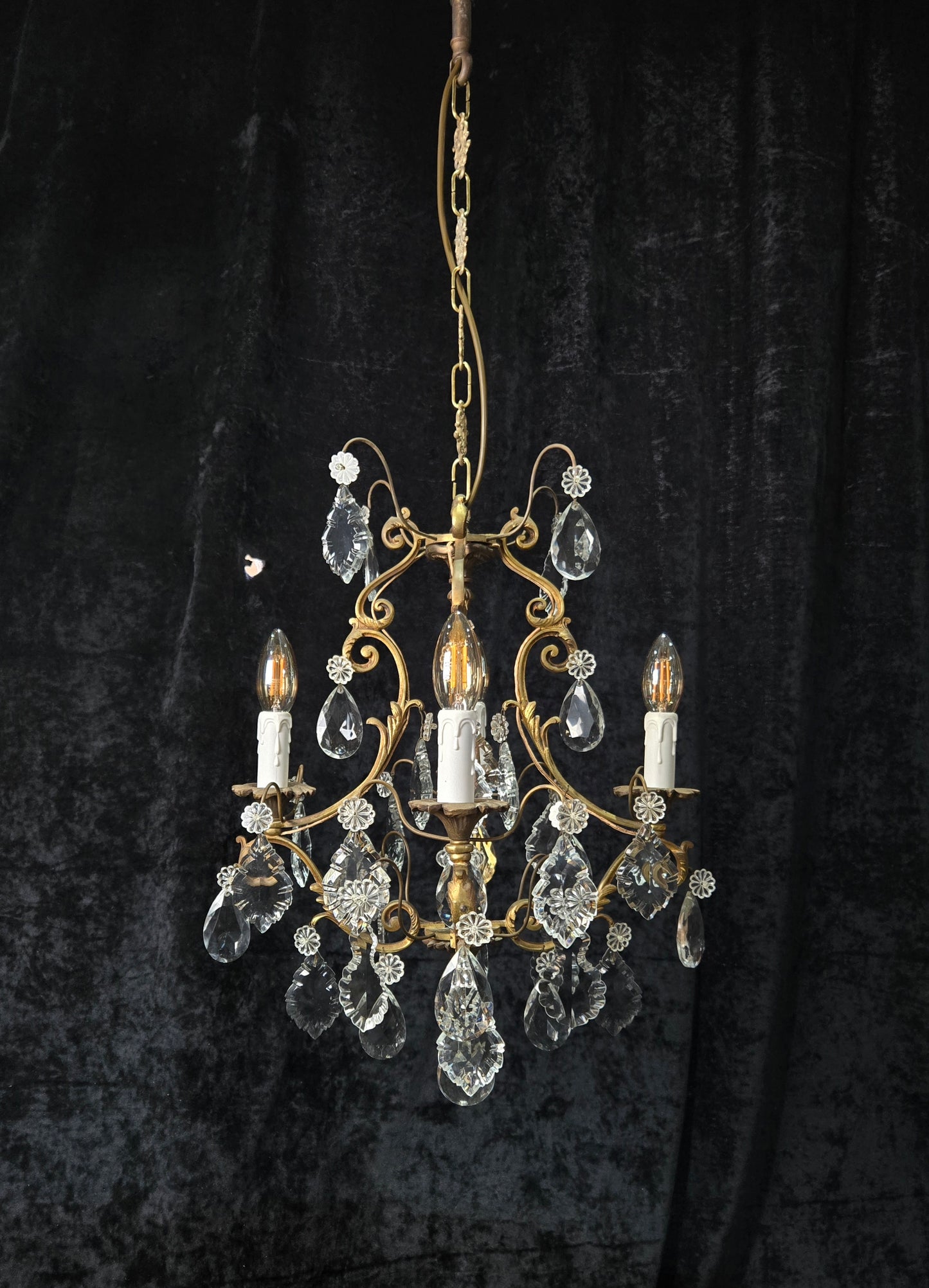 Gorgeous Heavy Antique French 4 Arm Caged Bronze Crystal Chandelier Light