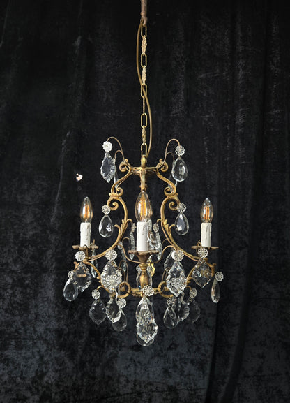 Gorgeous Heavy Antique French 4 Arm Caged Bronze Crystal Chandelier Light