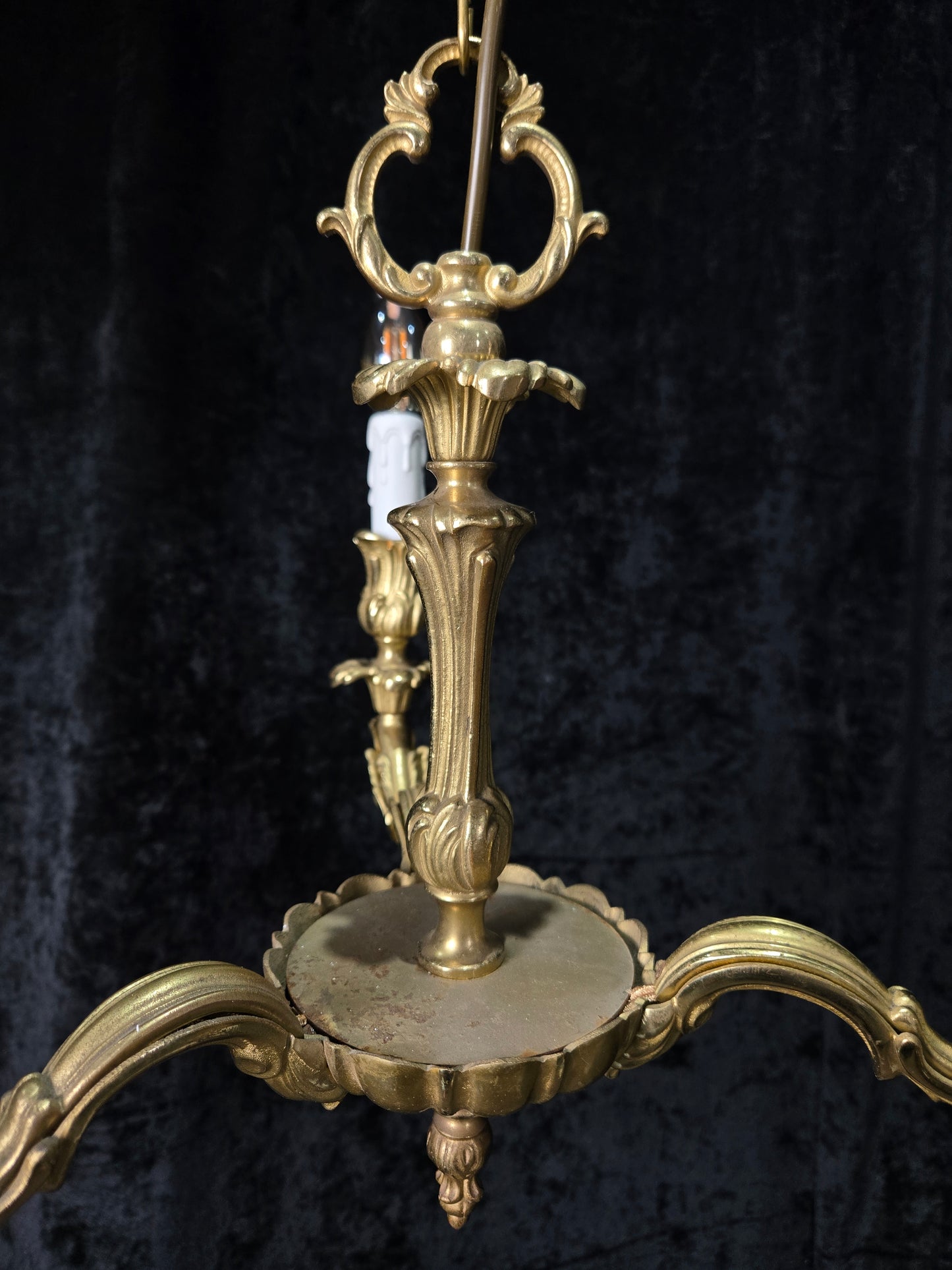 Traditional Antique French Solid Brass 3 Arm Rococo Style Chandelier Light