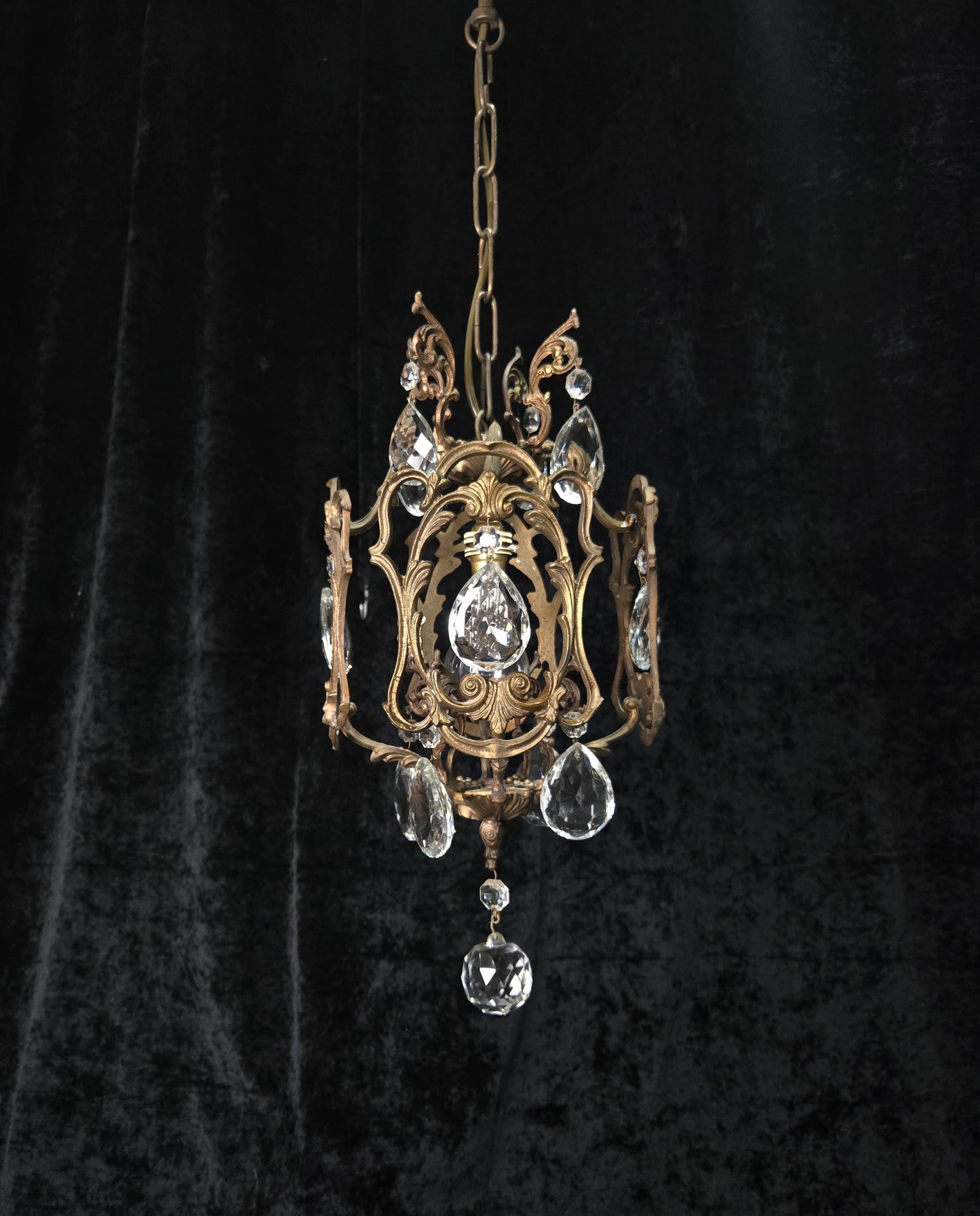 Beautiful Antique French 1 Light Brass Crystal Cage Chandelier Ceiling Light