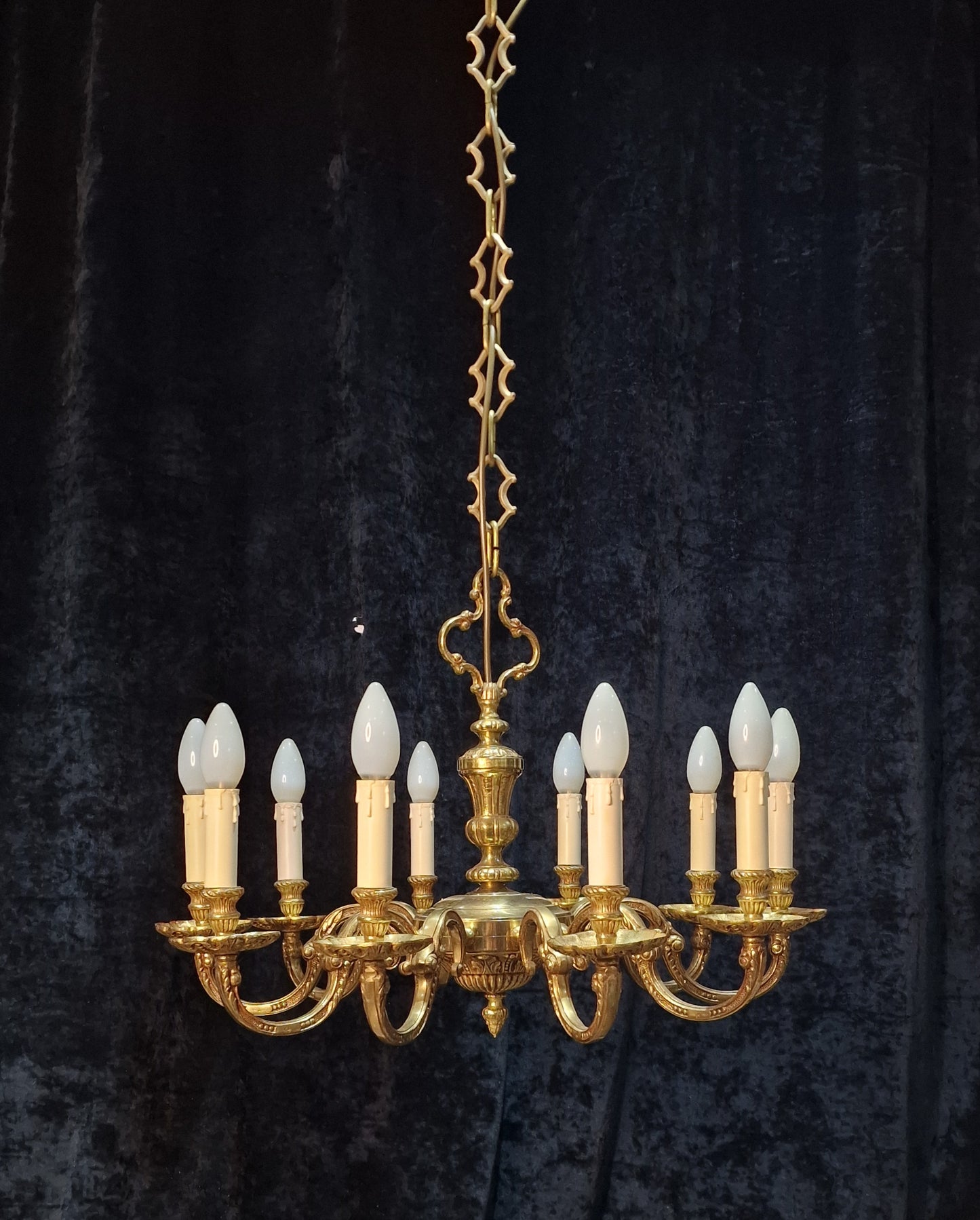 Stately Heavy Vintage French Empire Style 10 Arm Brass Chandelier Ceiling Light