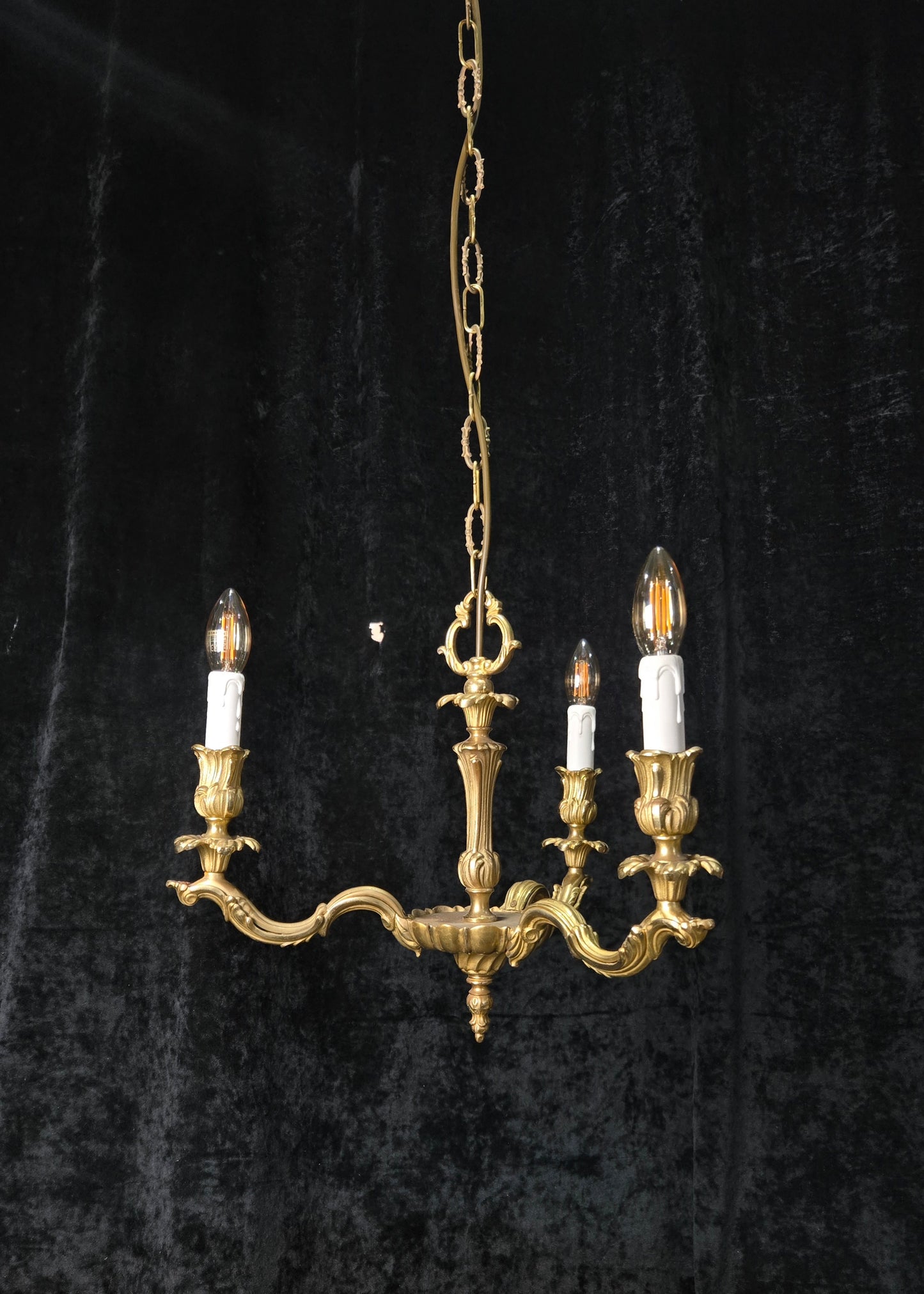 Traditional Antique French Solid Brass 3 Arm Rococo Style Chandelier Light