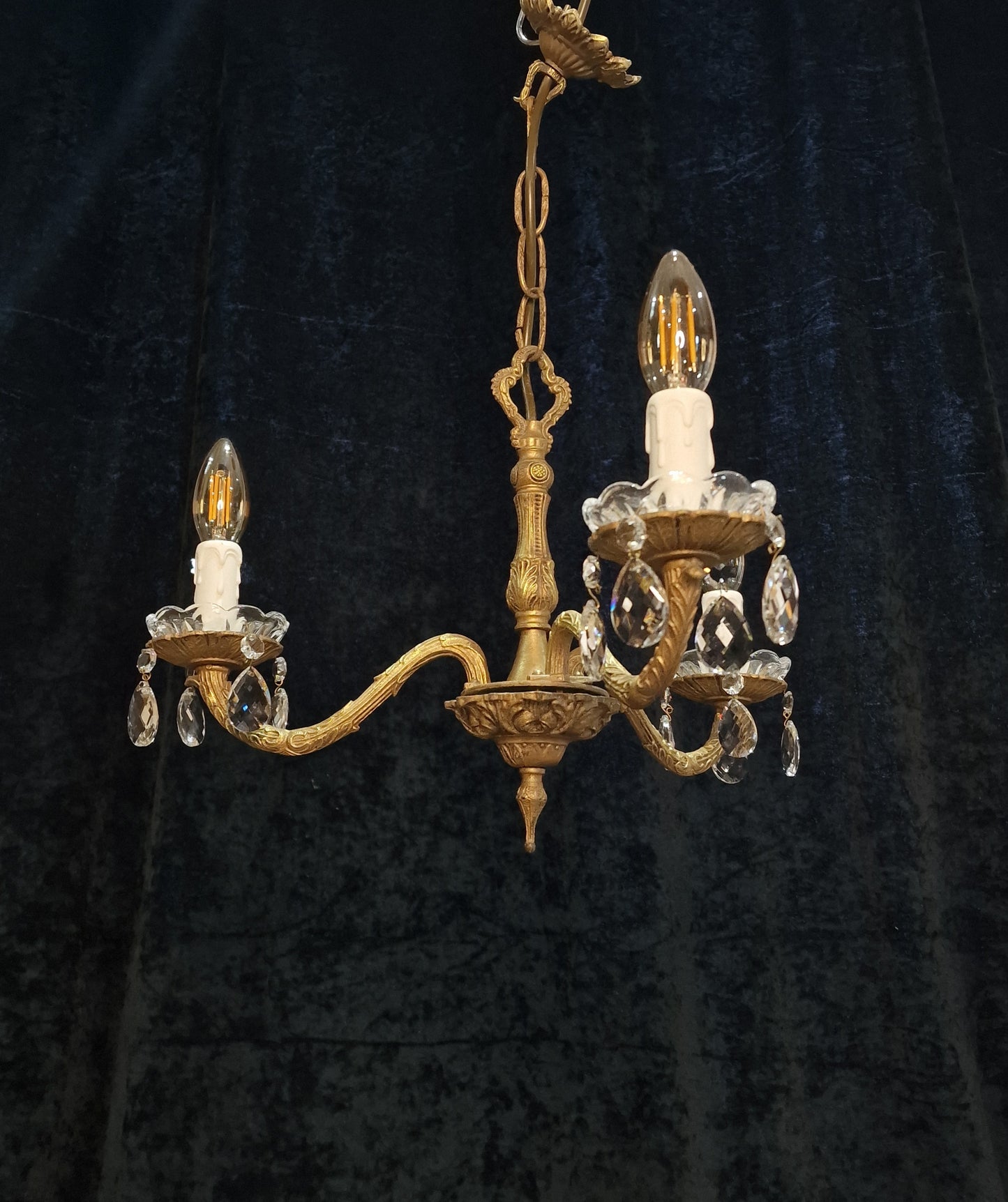 Lovely Vintage French Gilded Crystal Glass 3 Arm Chandelier Light