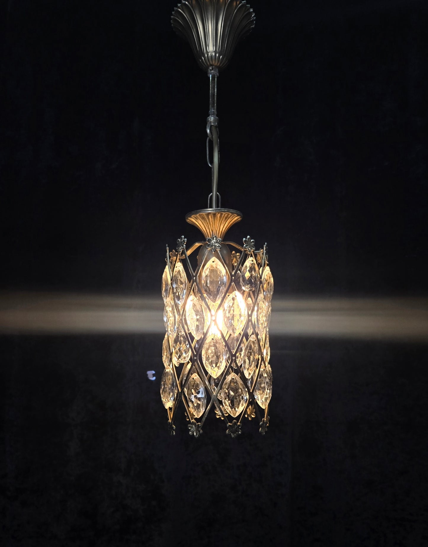 Unique Vintage Italian 1 Light Brass Small Cylinder Crystal Caged Chandelier