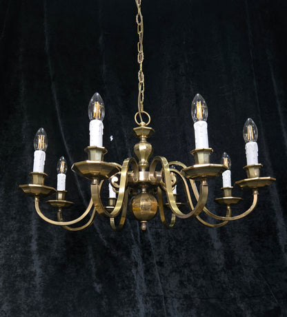 Classical Vintage Polished Brass Large 8 Arm Flemish Style Chandelier Light