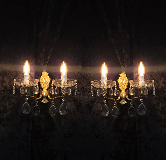 Fabulous Pair Vintage French 2 Arm Brass Leaf Crystal Wall Lights Sconces