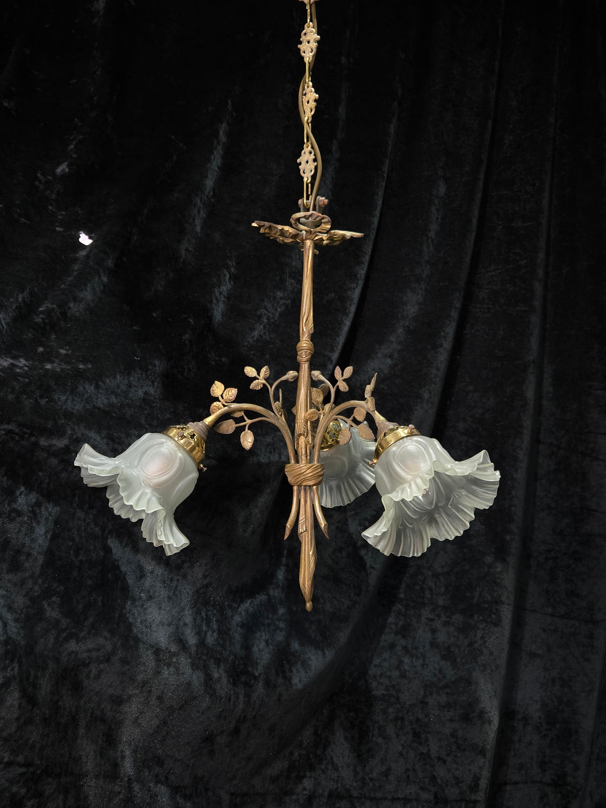Gorgeous Antique French Brass 3 Arm Floral Chandelier Ceiling Light with Shades