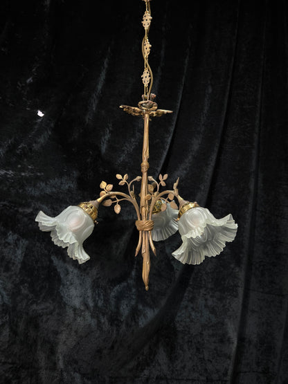 Gorgeous Antique French Brass 3 Arm Floral Chandelier Ceiling Light with Shades