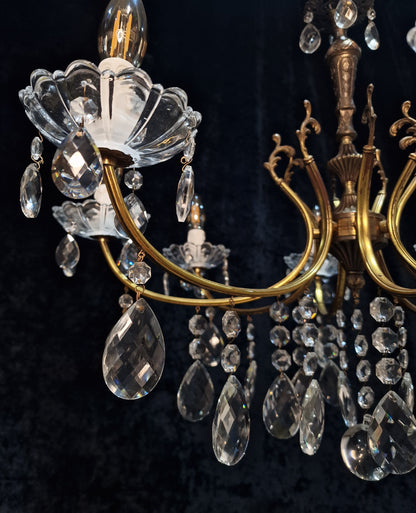 Lovely Vintage Italian 8 Arm 2 Tone Brass Leaf Crystal Chandelier Ceiling Light