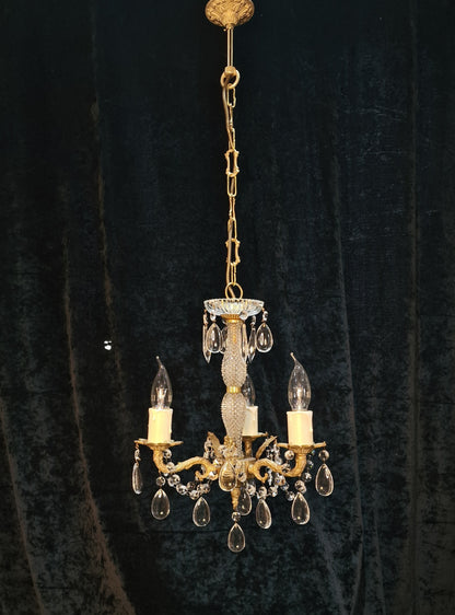 Elegant Vintage Italian 3 Arm Brass Crystal Chandelier Ceiling Light