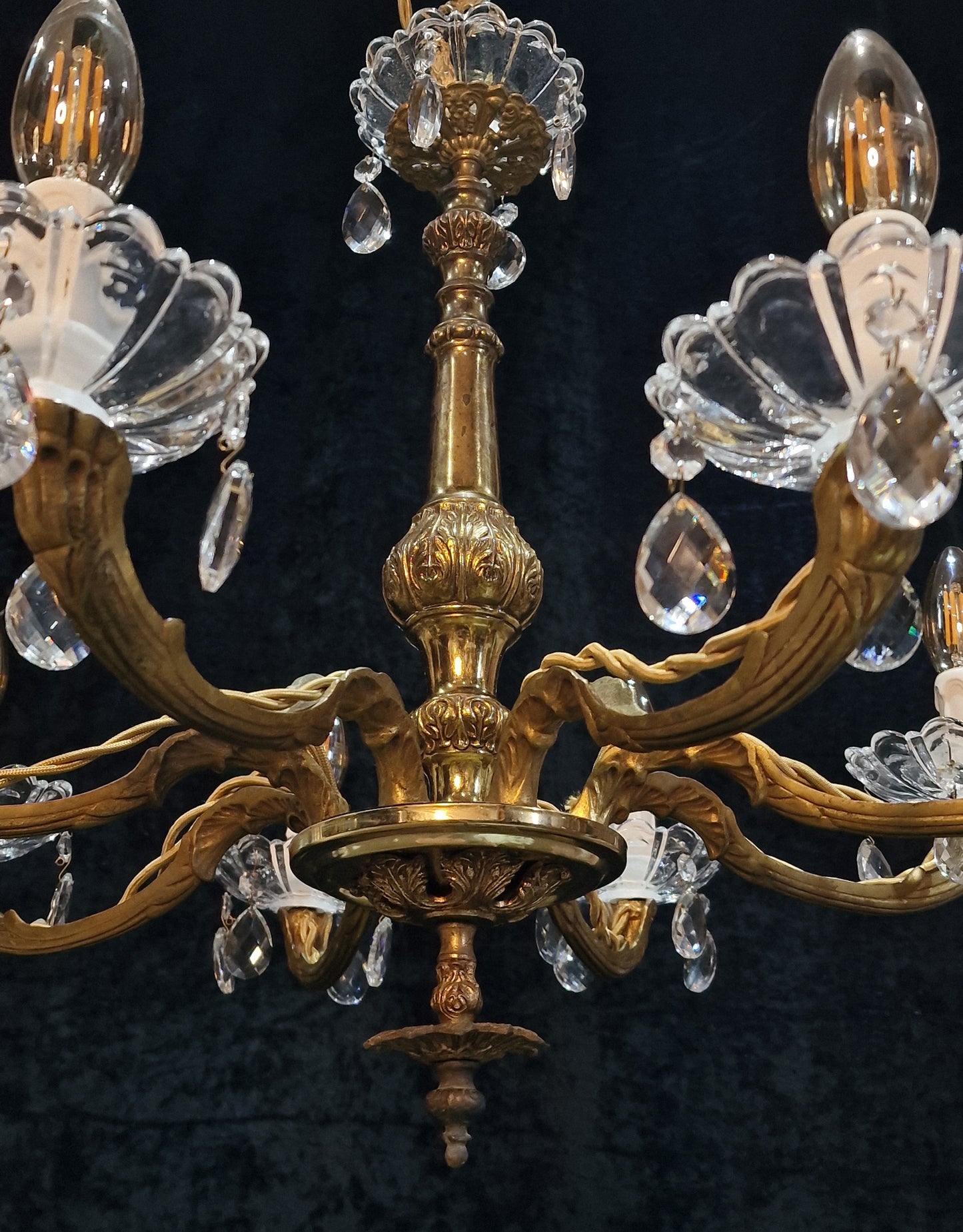 Gorgeous Vintage French Heavy Brass 8 Arm Crystal Chandelier Ceiling Light