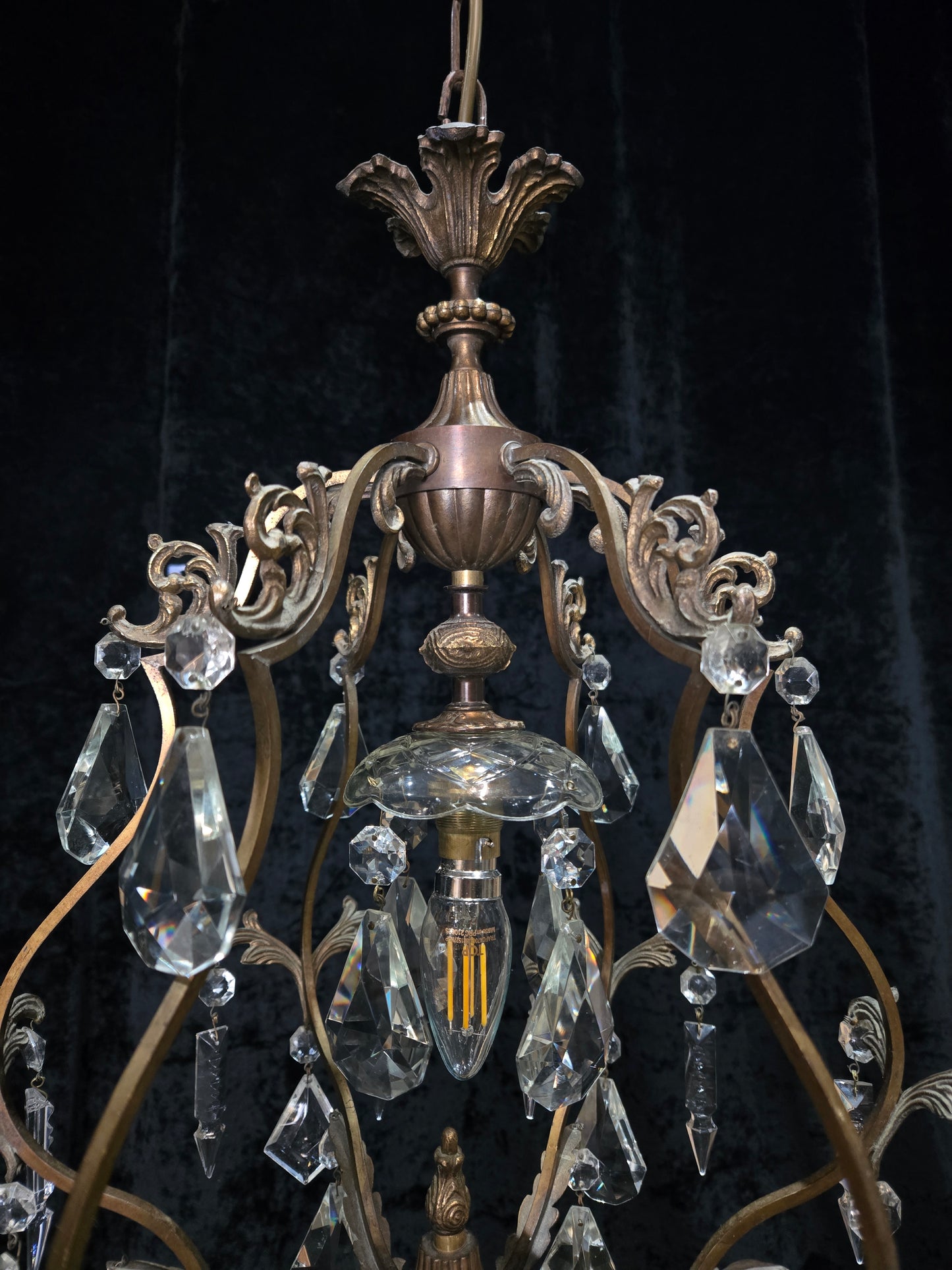 Elegant Vintage Italian 1 Light Cage Crystal Brass Chandelier Ceiling Light