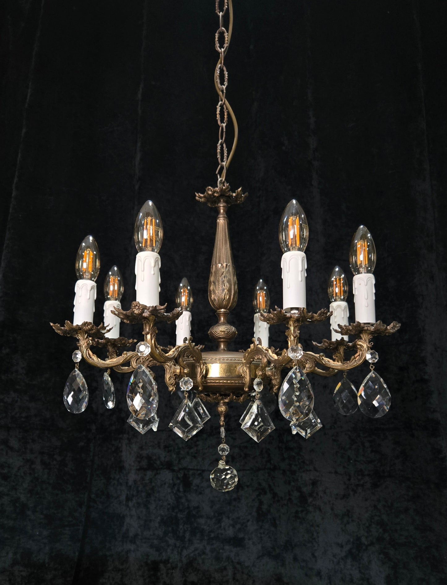 Fabulous Vintage Italian 8 Arm Brass Flower Crystal Chandelier Ceiling Light