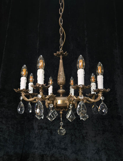 Fabulous Vintage Italian 8 Arm Brass Flower Crystal Chandelier Ceiling Light