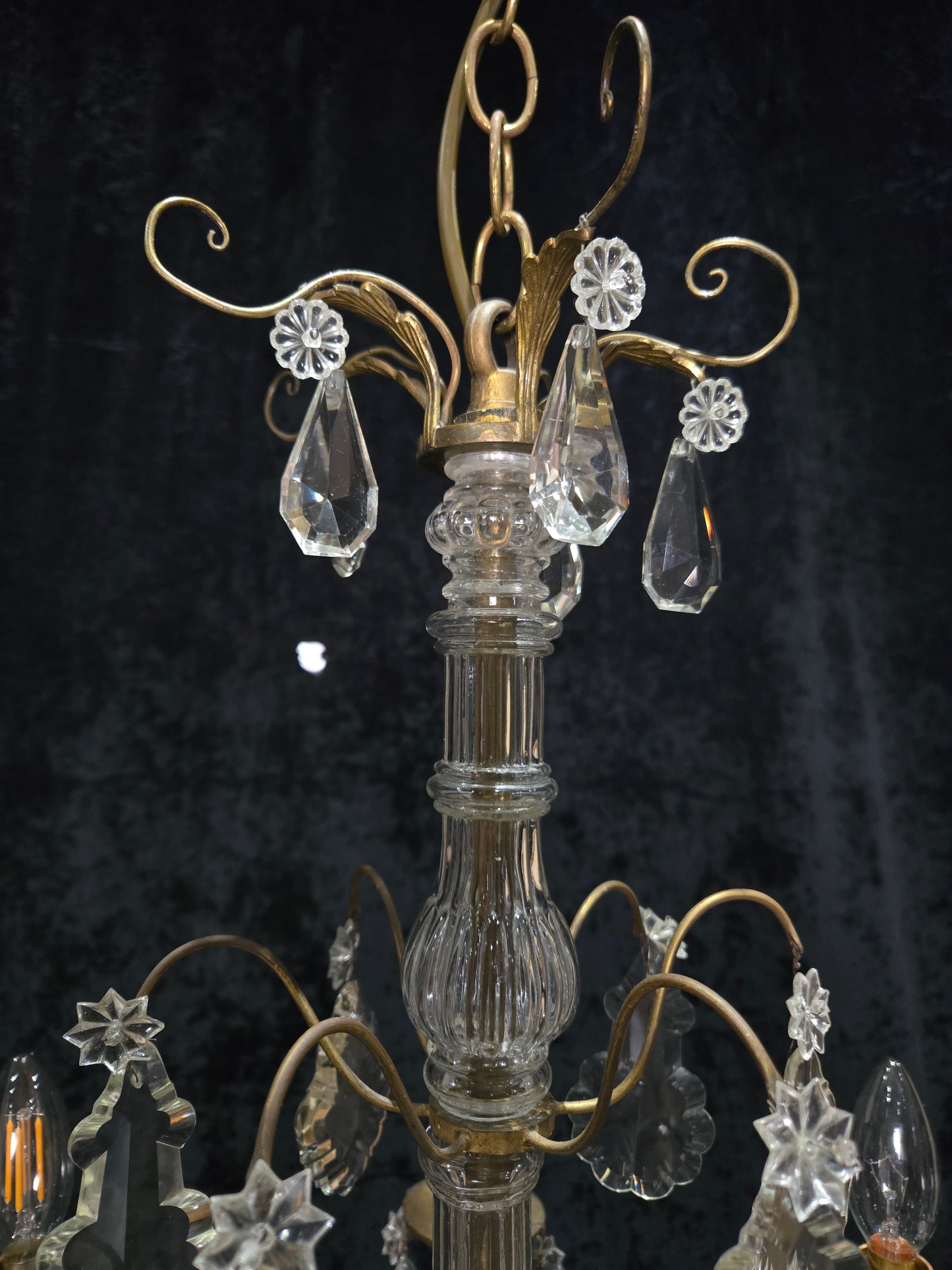 Beautiful Antique French 6 Arm Brass 3 Tier Crystal Chandelier Ceiling Light
