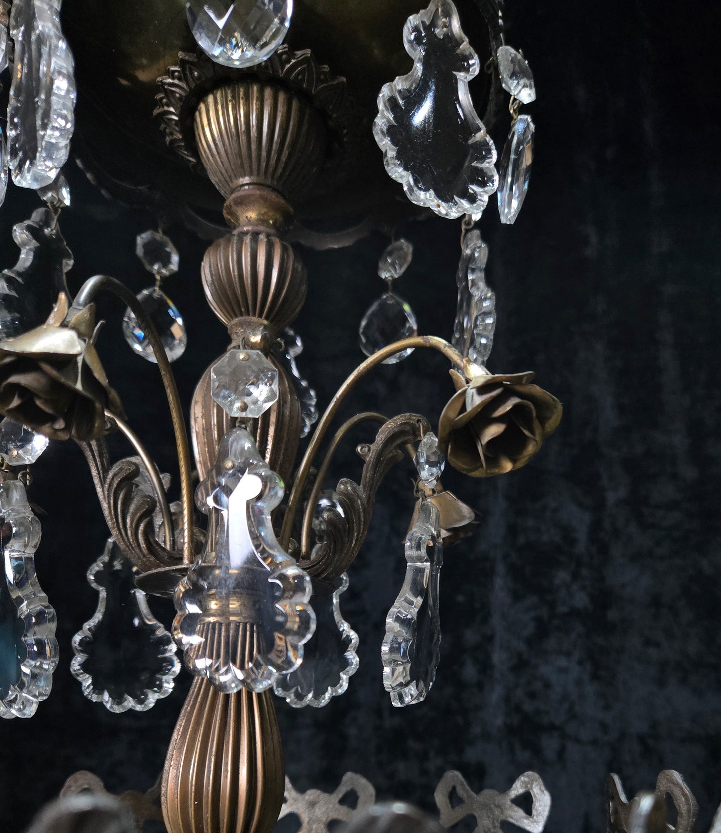 Beautiful Vintage Italian Brass 3 Light Crystal Bag Bows and Roses Chandelier