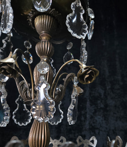 Beautiful Vintage Italian Brass 3 Light Crystal Bag Bows and Roses Chandelier