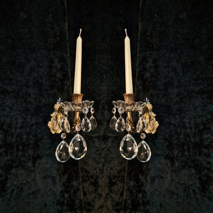 Lovely Pair Vintage Italian 1 Arm Brass Crystal Candle Wall Lights Wall Sconces