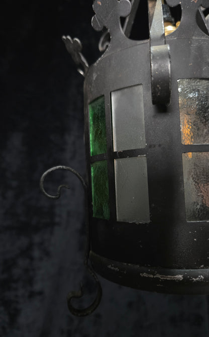 Lovely Petite Vintage French Wrought Iron Gothic Coloured Glass Lantern Light