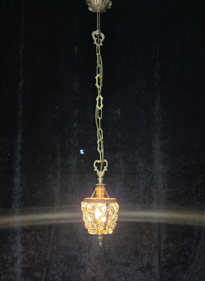 Petite Vintage French Crystal Half Bag Brass 1 Light Chandelier Ceiling Light