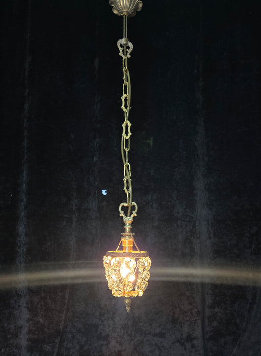 Petite Vintage French Crystal Half Bag Brass 1 Light Chandelier Ceiling Light