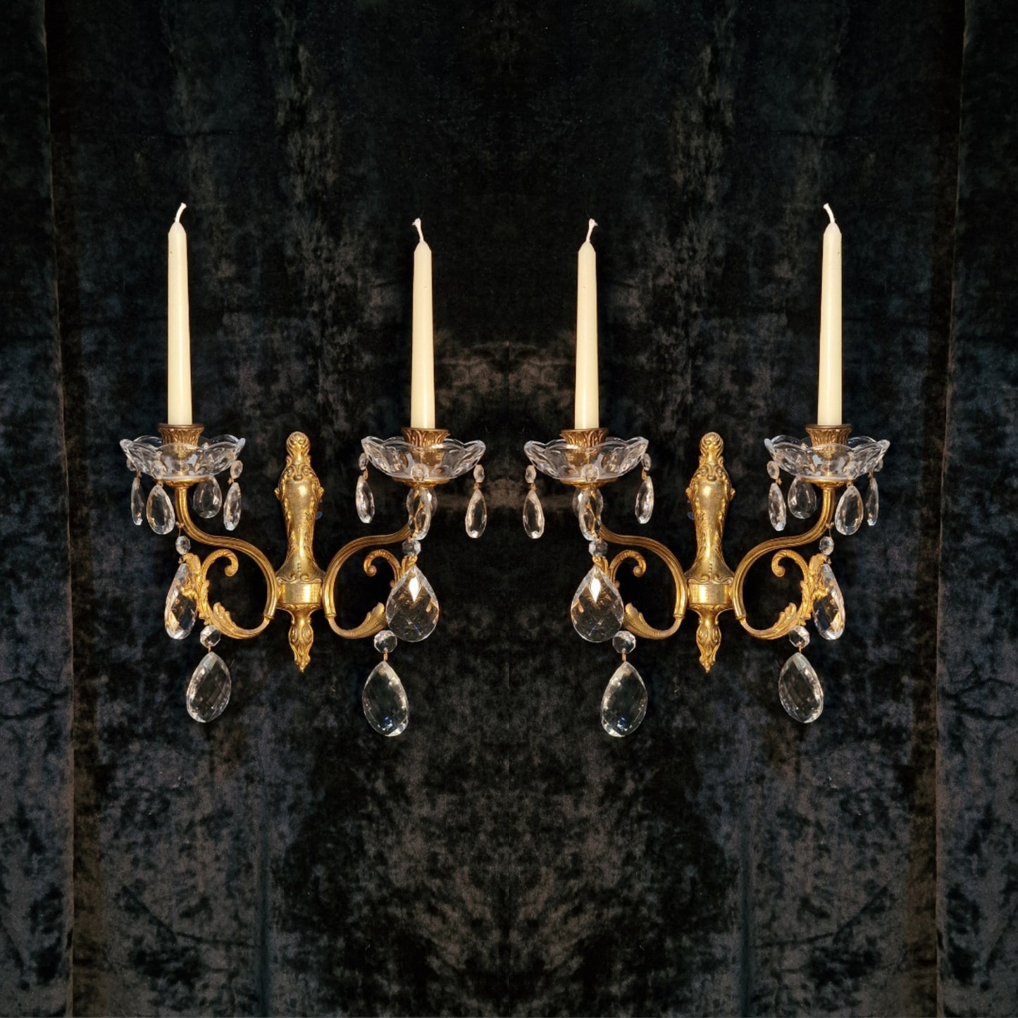 Elegant Pair Antique French 2 Arm Leaf Candle Crystal Brass Wall Lights Sconces