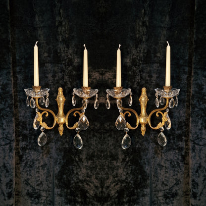 Elegant Pair Antique French 2 Arm Leaf Candle Crystal Brass Wall Lights Sconces