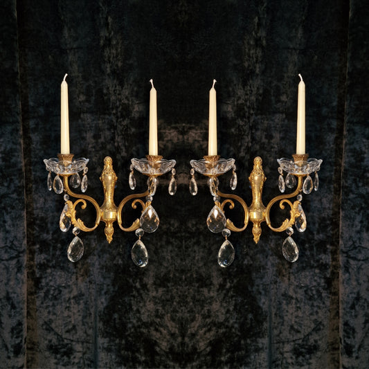 Elegant Pair Antique French 2 Arm Leaf Candle Crystal Brass Wall Lights Sconces