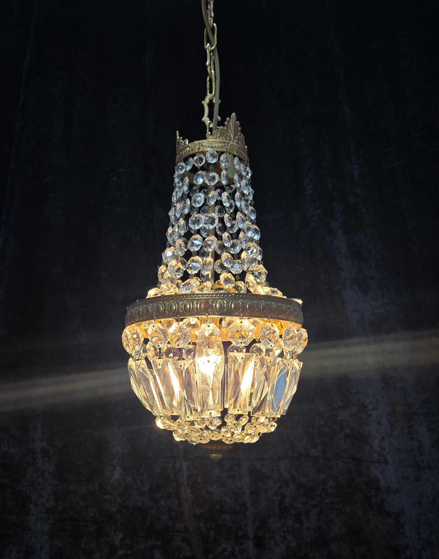 Traditional Antique French 1 Light Brass and Crystal Montgolfiere Chandelier