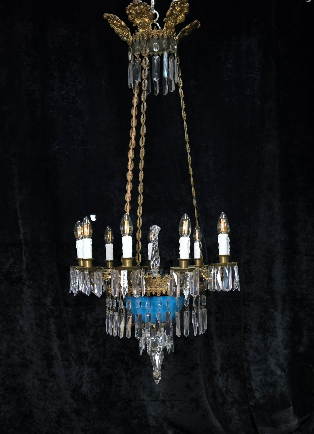 Exceptional Antique French Late 1800s 9 Arm Brass Blue Glass Crystal Chandelier