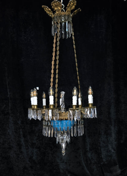 Exceptional Antique French Late 1800s 9 Arm Brass Blue Glass Crystal Chandelier