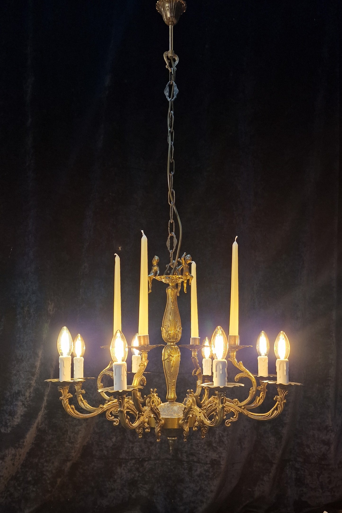 Decorative Vintage Italian Brass Cherub 8 Arm 4 Candle Chandelier Ceiling Light