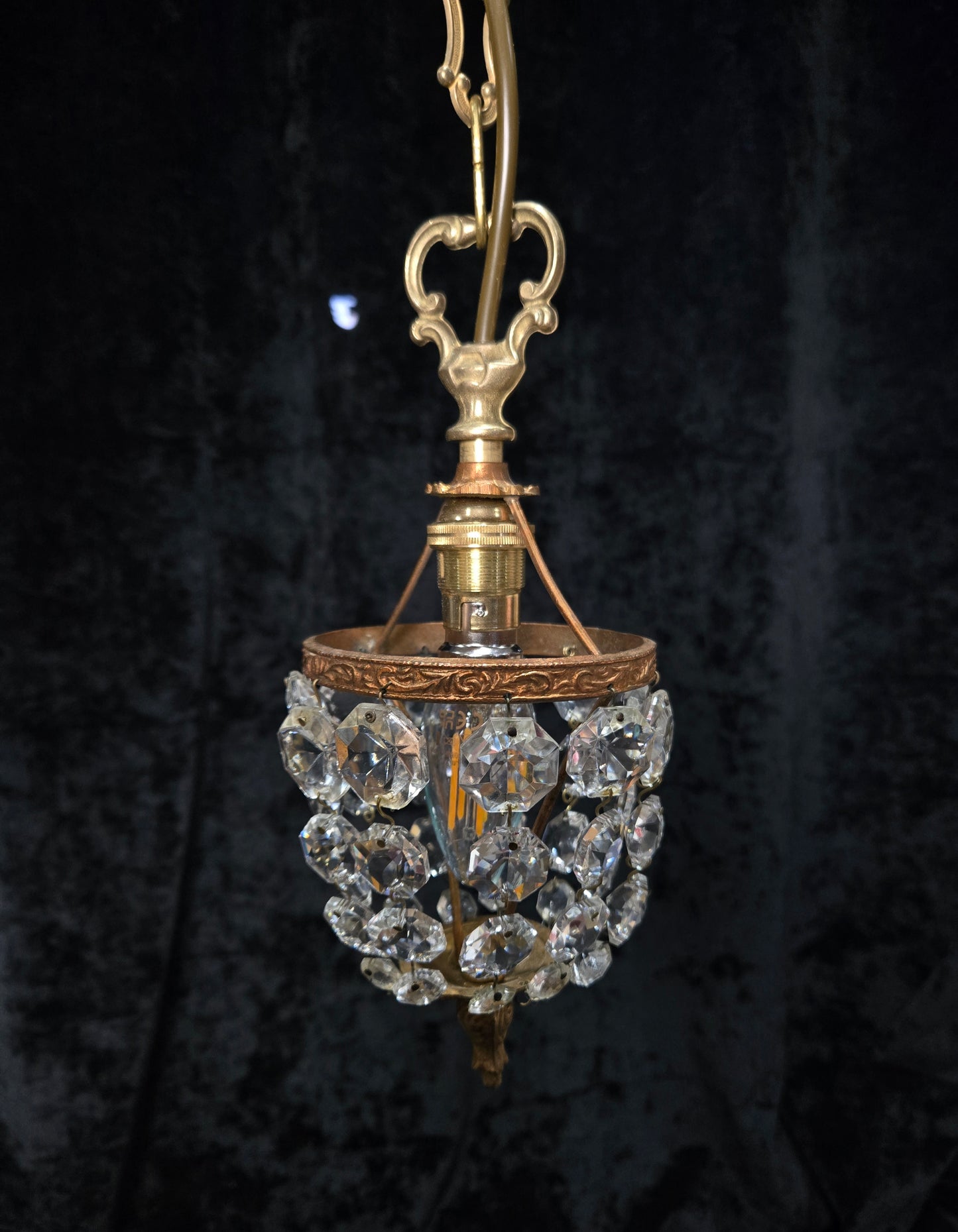 Petite Vintage French Crystal Half Bag Brass 1 Light Chandelier Ceiling Light