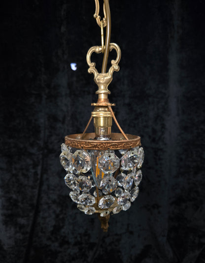 Petite Vintage French Crystal Half Bag Brass 1 Light Chandelier Ceiling Light