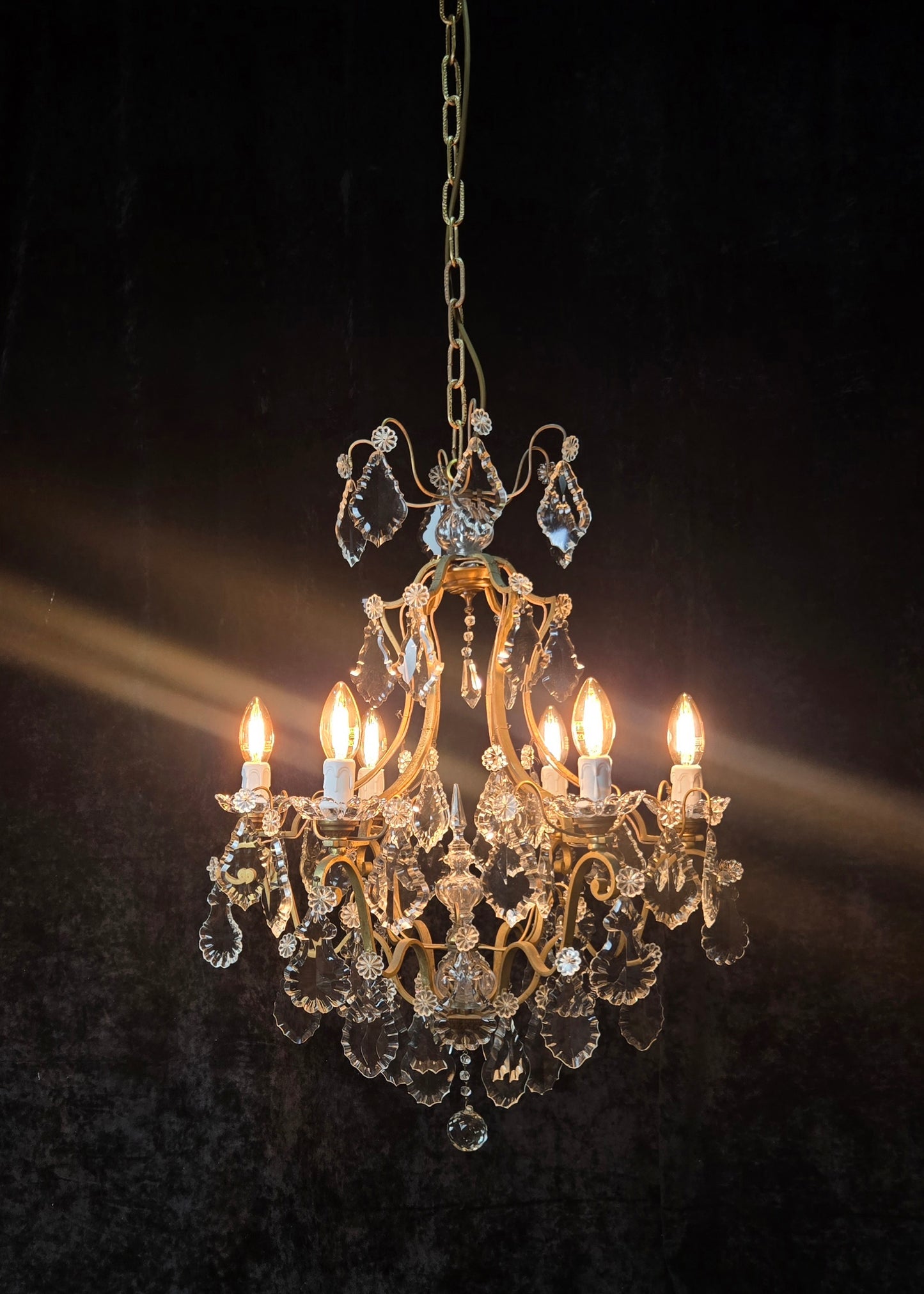 Classical Antique French 6 Arm Caged Bronze Crystal Chandelier Ceiling Light